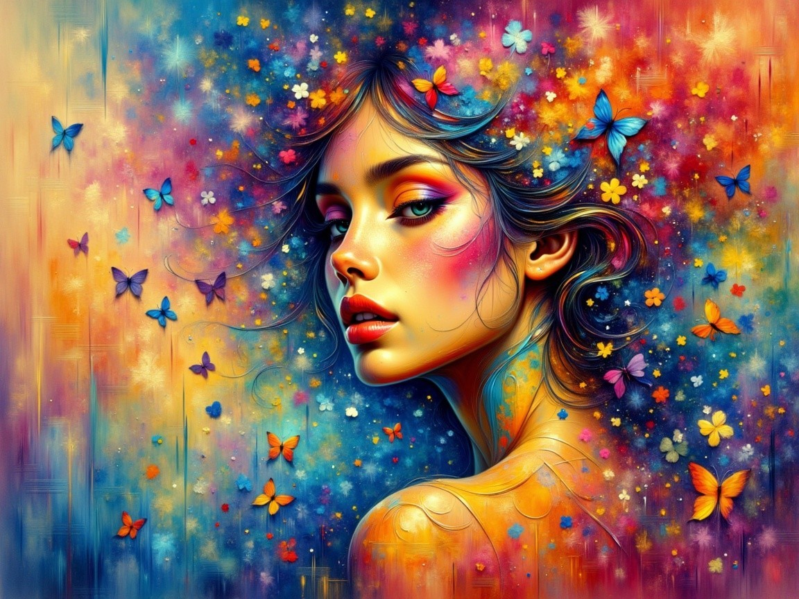 Vibrant Portrait of a Woman with Flowers and Butterflies