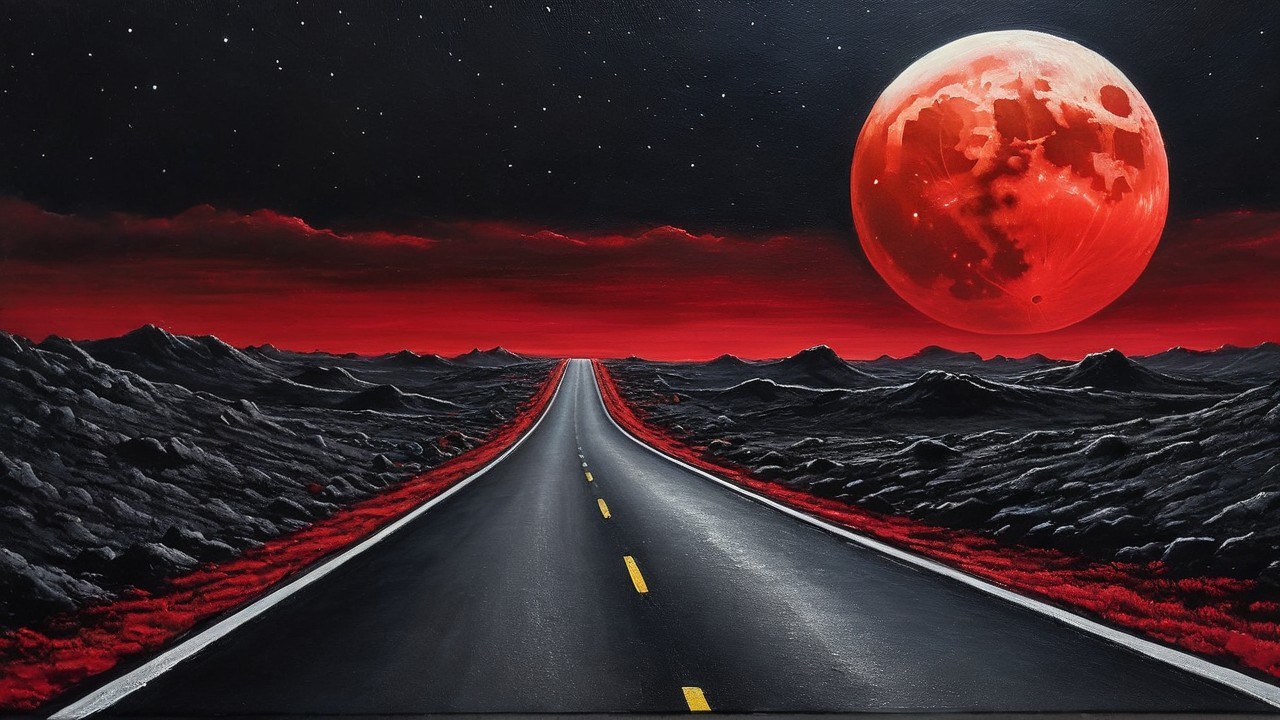 Surreal Landscape with Blood-Red Moon and Road