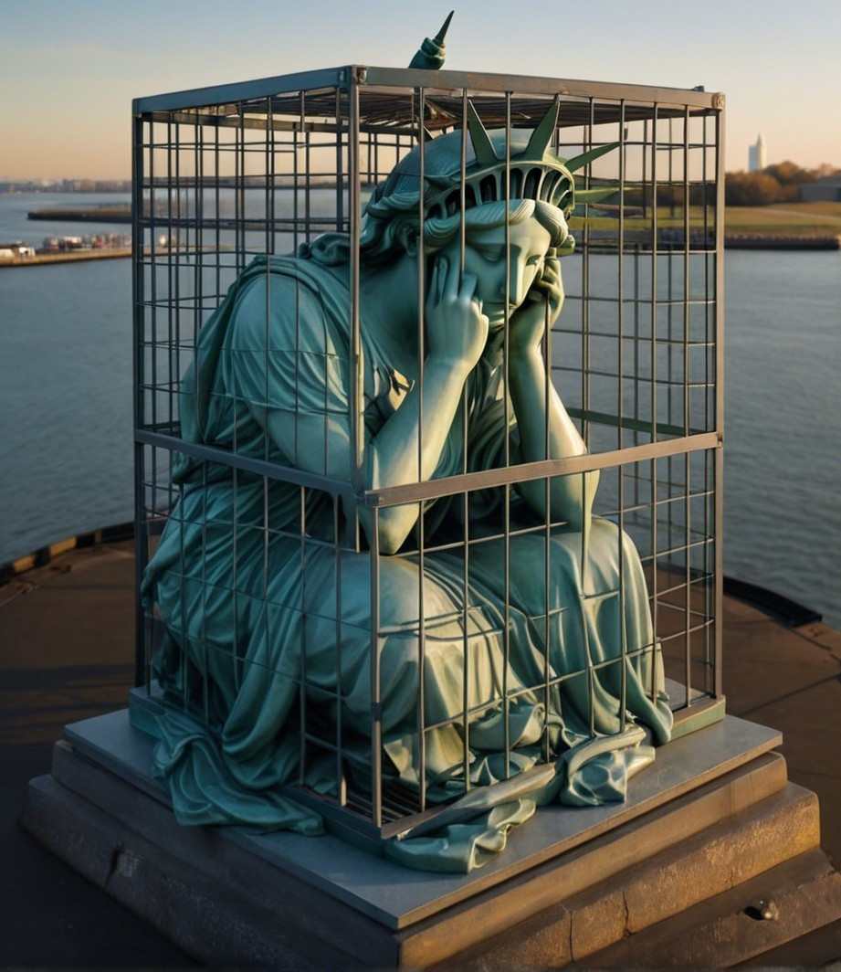 Statue of Liberty Caged in Distressed Expression