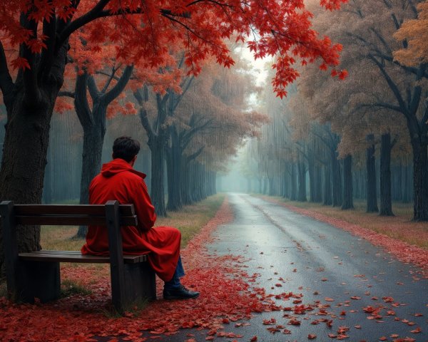 Person in red coat on bench by misty tree pathway