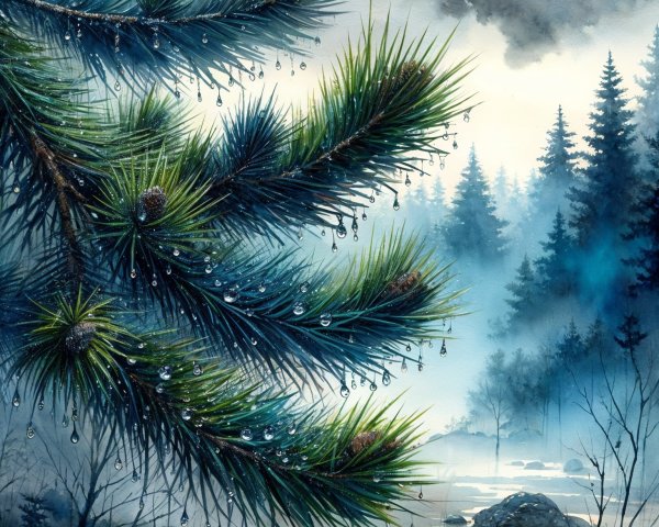 Watercolor of Pine Branches with Misty Forest Background