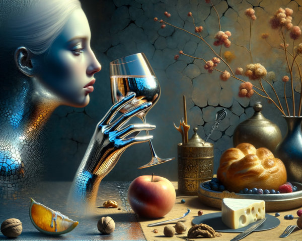 Surreal Scene of Woman with Metallic Hand and Wine