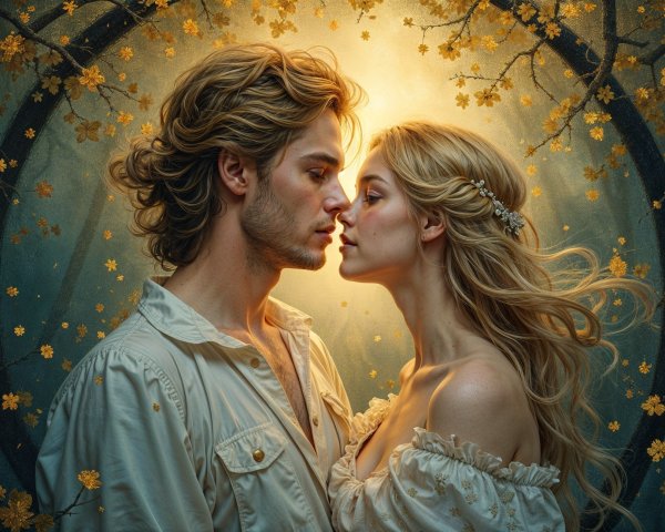 Romantic couple poised to kiss in enchanting setting