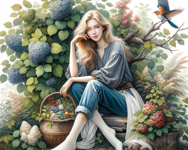 Serene Woman in Nature with Fruits and Flowers