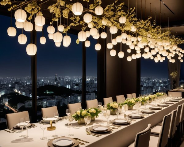 Elegant Dining Table with Floral Centerpieces and Lanterns