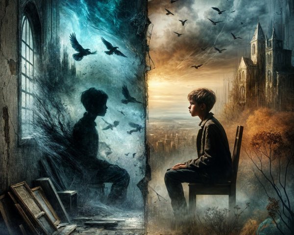 Young boy bridging two contrasting worlds of chaos and beauty