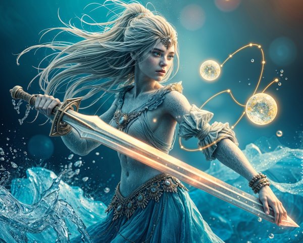 Warrior with Glowing Sword Emerges from Ocean Waves