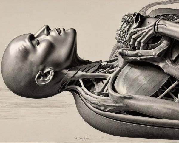 Hyper-realistic Human Figure with Skull and Anatomy Details