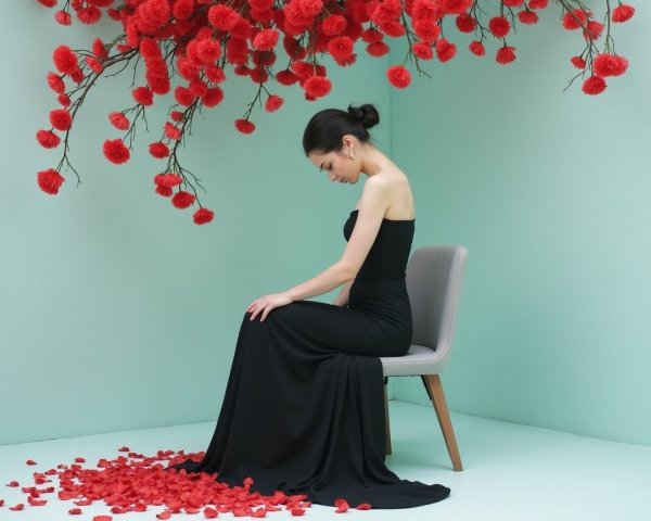 Woman in black gown amidst red floral arrangements