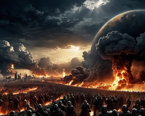 Epic battle scene with soldiers and cosmic backdrop