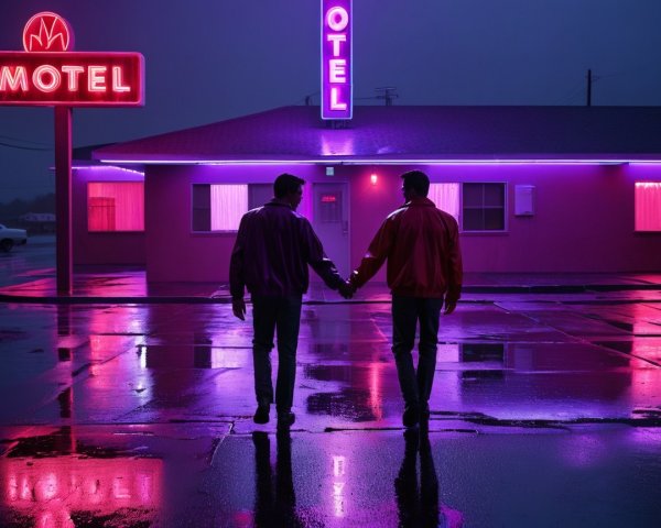 Neon-Lit Night Scene with Two Figures at a Motel