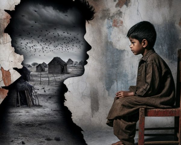 Young Boy Contemplating in a Stormy Village Landscape