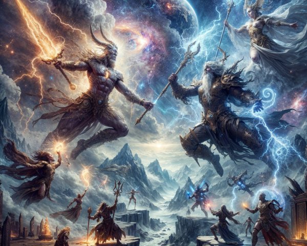 Cosmic Battle of Mythical Beings in Vibrant Landscape