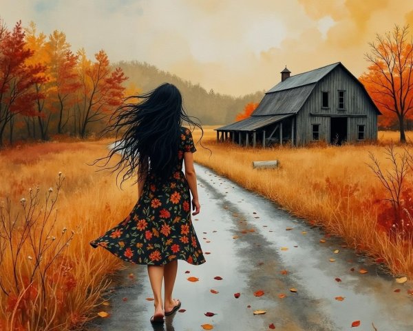 Young Woman in Floral Dress on Autumn Country Road