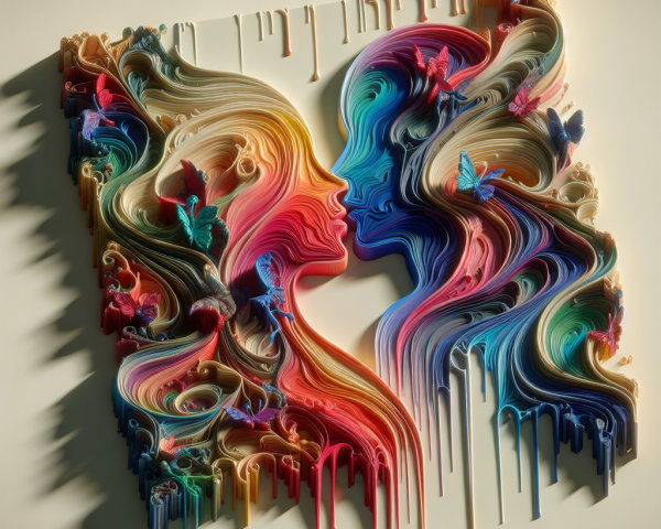 Artistic Profile Faces with Colorful Ribbons and Butterflies