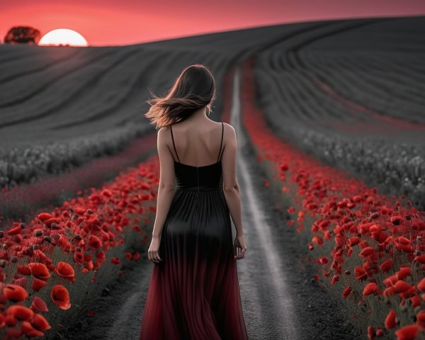 Woman in Black and Red Dress on Winding Path at Sunset