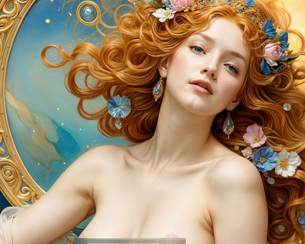 Serene woman with red hair and floral motifs