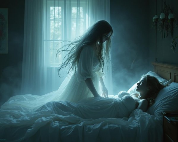 Ghostly Figure in Ethereal Mist Over Sleeping Woman