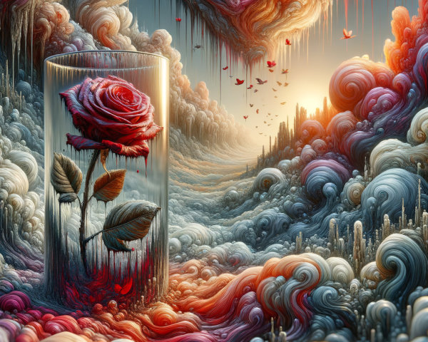 Surreal Landscape with Majestic Rose in Glass Cylinder