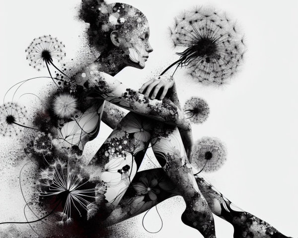 Black and White Woman Silhouette with Floral Designs