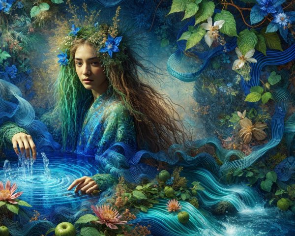 Mystical Scene of Woman by Serene Shimmering Pool