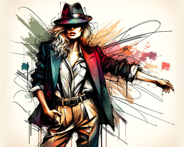 Stylish woman in tailored outfit with artistic background