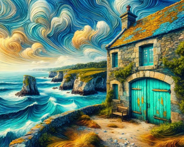 Stone Cottage with Turquoise Door by Rugged Coastline
