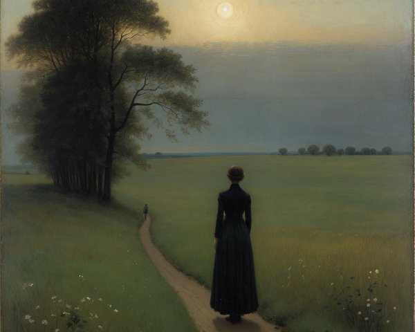 Solitary Woman in Black Dress in Serene Landscape