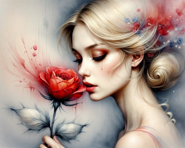 Serene Portrait of a Young Woman with Flowers and Rose