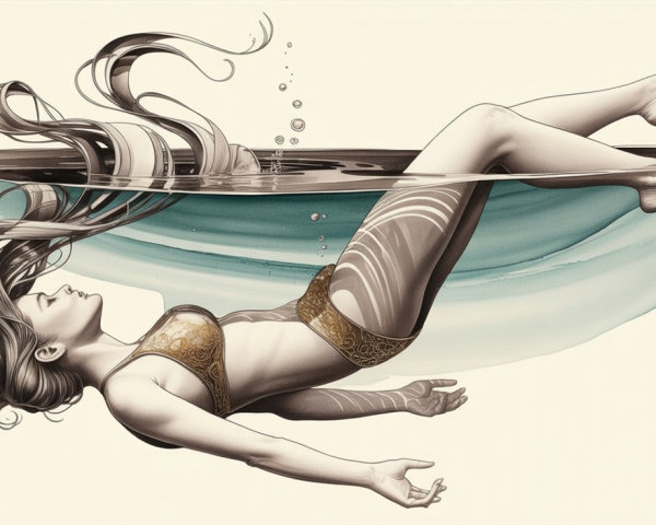 Ethereal Figure Floating in Water with Intricate Patterns
