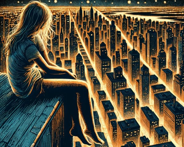 Solitary Figure Overlooking Vibrant Cityscape at Night