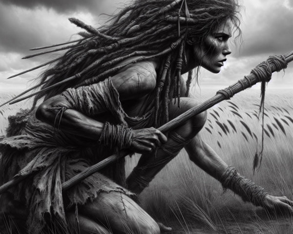 Fierce Warrior in a Desolate Landscape with Spear