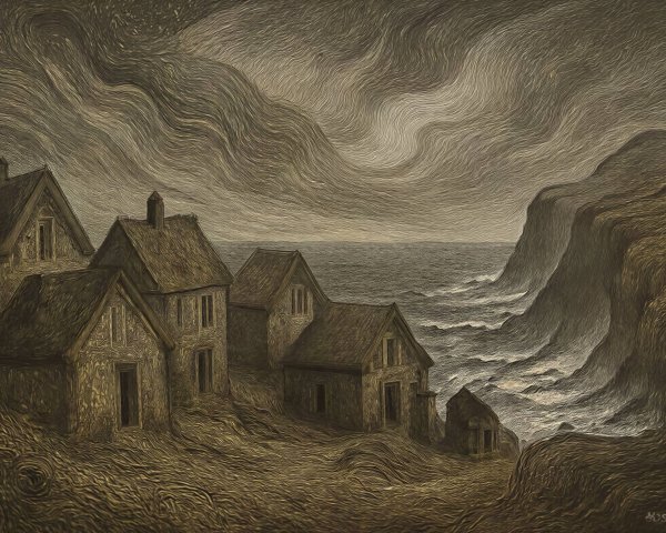 Oil Painting of Houses on Hill During Stormy Evening