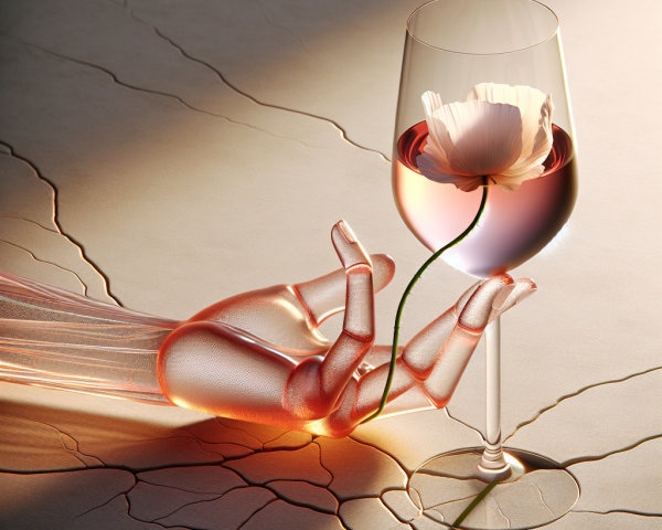 Translucent Robotic Hand Holding Glass with Flower