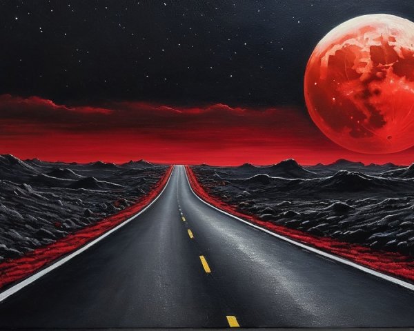 Surreal Landscape with Blood-Red Moon and Road