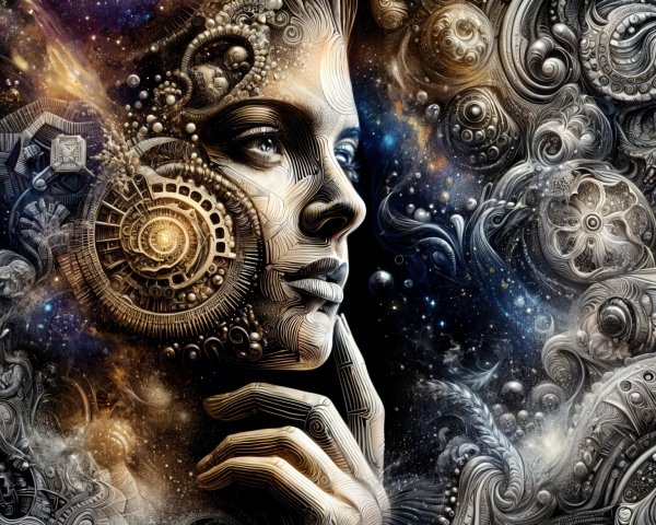 Surreal Human Face with Cosmic and Mechanical Elements