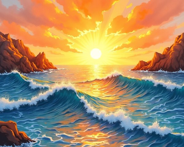Vibrant Sunset Over Ocean with Rugged Cliffs
