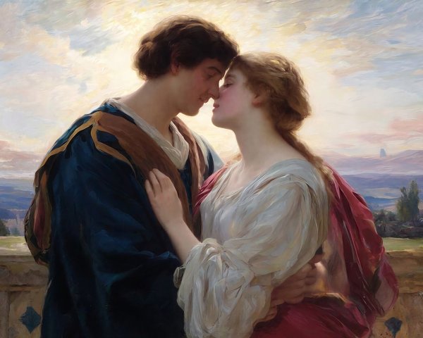 Oil Painting of Embracing Lovers in Serene Landscape