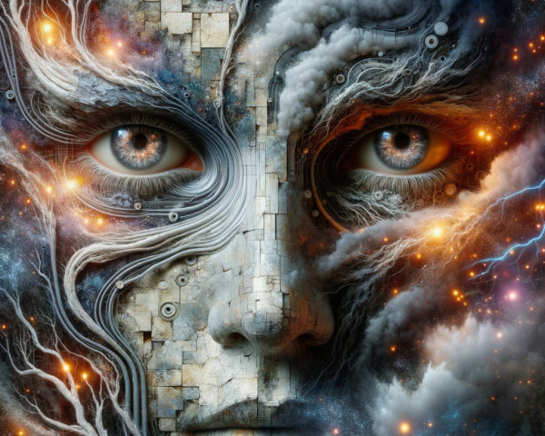 Surreal Face with Intricate Patterns and Cosmic Elements