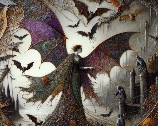 Mystical Figure in Bat-Wing Gown with Gothic Elements