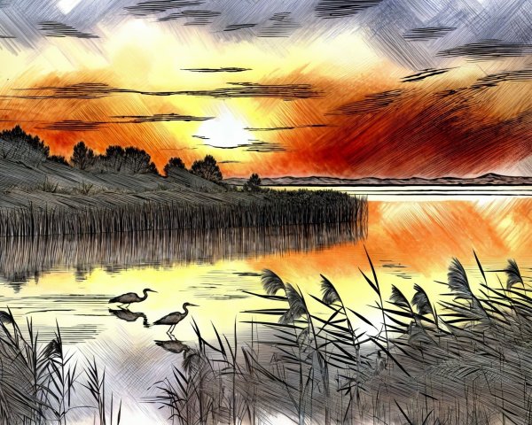 Serene Sunset Landscape with Birds and Wetlands
