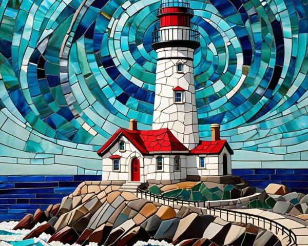 Vibrant Stained Glass Lighthouse Artwork Description
