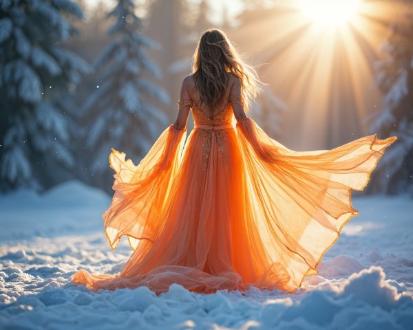 Woman in orange gown in snowy landscape at sunset