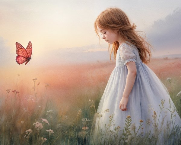 Young girl in blue dress admiring butterfly in field