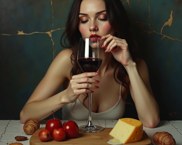 Elegant woman with wine and gourmet food setting