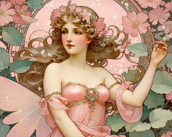 Fairy in Pink Gown Surrounded by Blossoms and Leaves