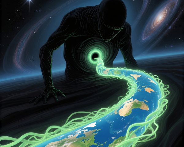 Cosmic Scene with Humanoid Figure and Energy Stream