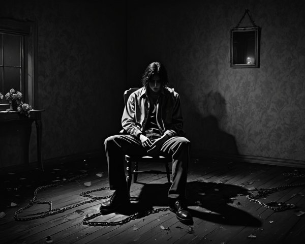 Eerie Room with Bound Figure and Haunting Atmosphere