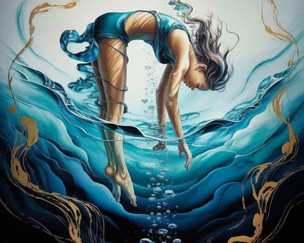 Underwater Exploration in a Blue Outfit with Bubbles