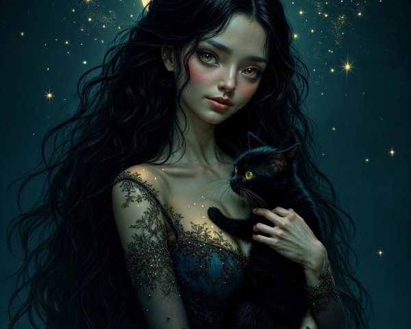 Mystical Woman in Dark Gown with Black Cat Under Moonlight